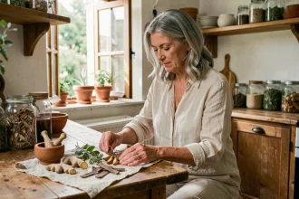 Femme âgée préparant des plantes médicinales contre l'arthrose du genou et de la hanche dans une cuisine rustique