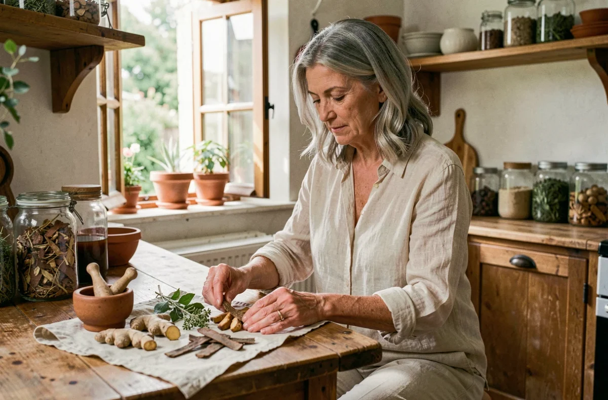 Femme âgée préparant des plantes médicinales contre l'arthrose du genou et de la hanche dans une cuisine rustique