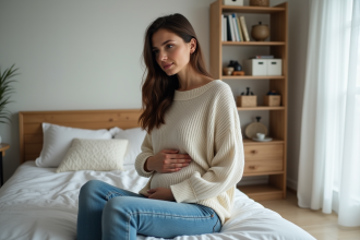 Femme pensant dans une chambre moderne et chaleureuse