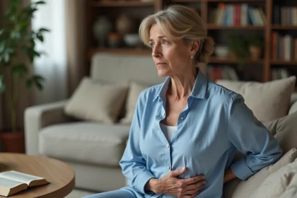 Femme d'&acirc;ge moyen en blouse bleue pensant doucement