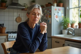 Femme pensive assise à la cuisine avec bras croisés