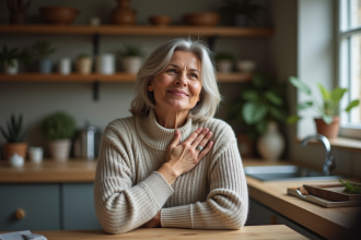 Femme réfléchie assise à la cuisine dans un cadre cosy