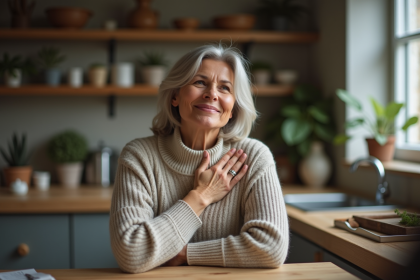 Femme réfléchie assise à la cuisine dans un cadre cosy