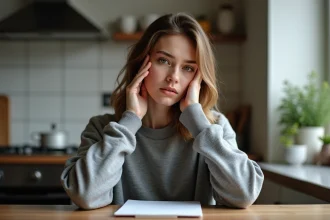 Jeune femme pensant dans sa cuisine chaleureuse
