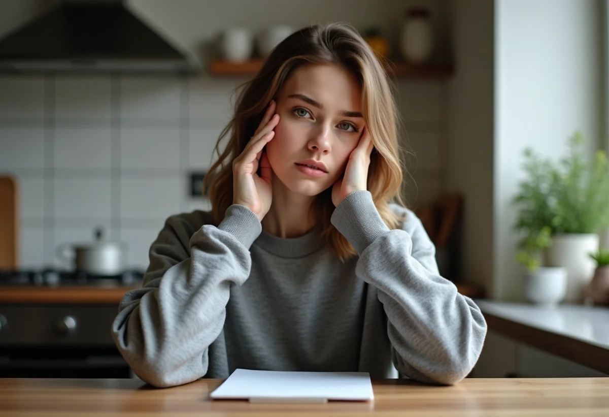 Jeune femme pensant dans sa cuisine chaleureuse