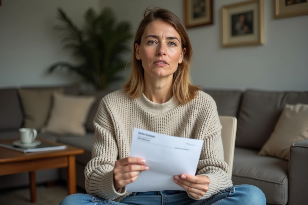 Femme examinant un document officiel avec cachets administratifs &agrave; la maison