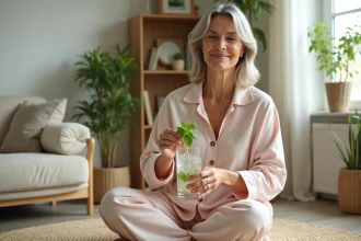 Femme détendue ajoutant de la menthe dans un verre d'eau