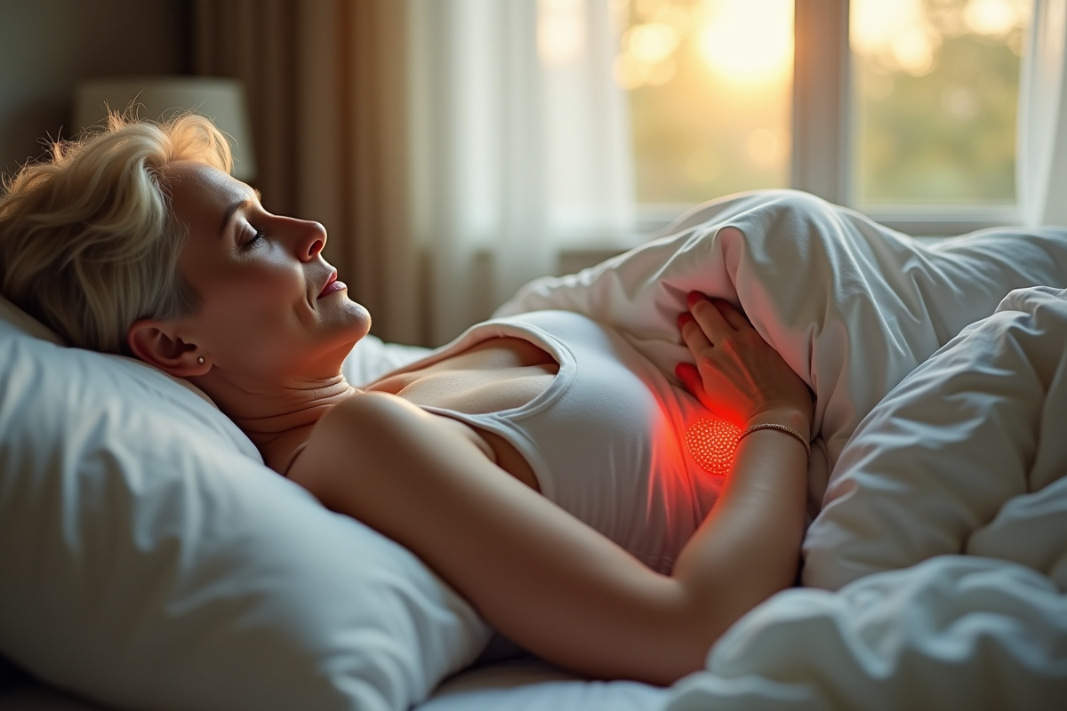 Femme d'âge moyen reposant dans son lit avec un pack chauffant