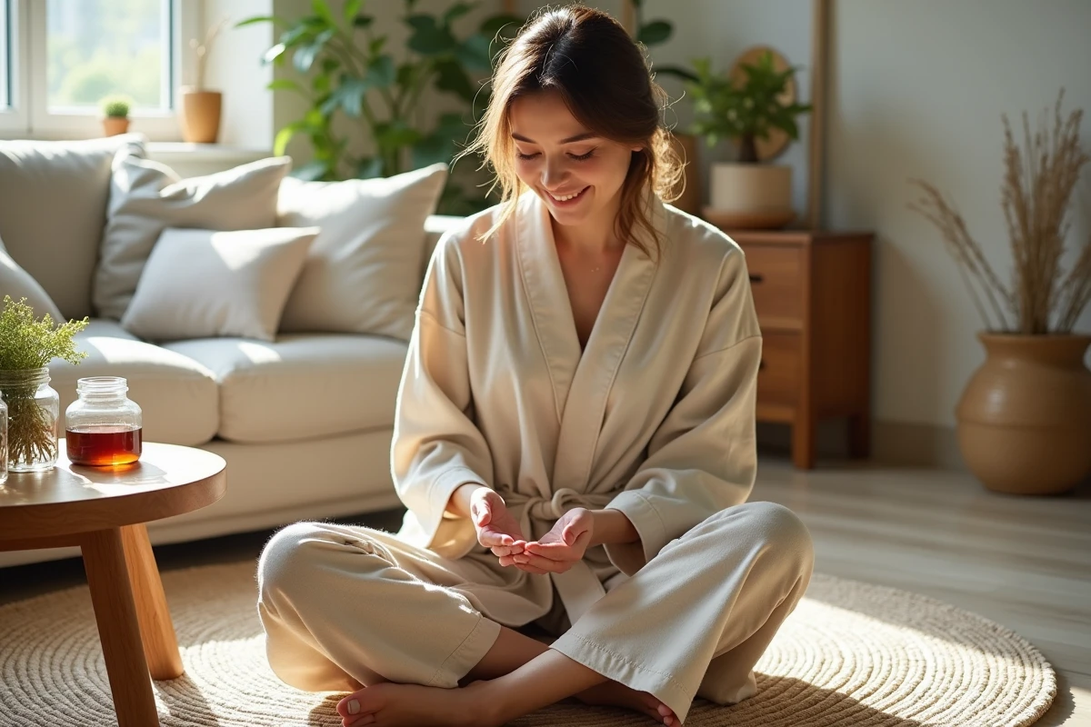 Femme en robe de lin appliquant une creme naturelle dans un salon lumineux