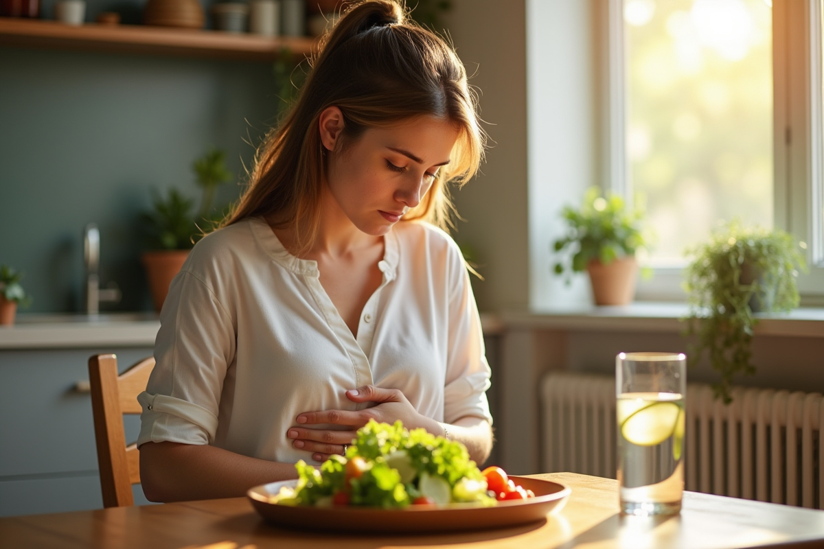 Femme pensant à sa santé avec une salade fraîche