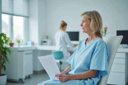 Femme en blouse médicale attendant une radiographie dans une salle d'attente d'un centre de radiologie moderne