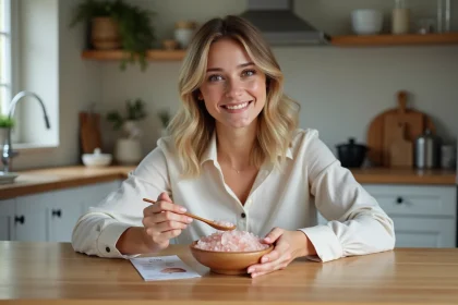 Femme souriante avec sel rose de l'Himalaya dans la cuisine