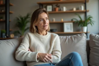 Femme en intérieur pensant assise sur un canapé moderne
