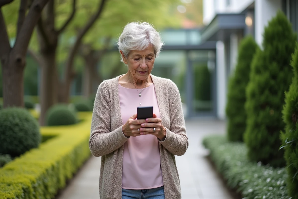 Femme âgée marche dans le jardin de l