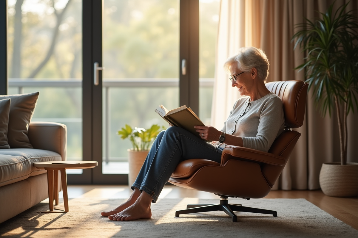 Femme senior lisant dans un salon lumineux et cosy