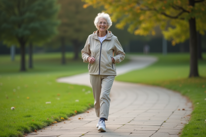 Femme senior marchant dans un parc verdoyant