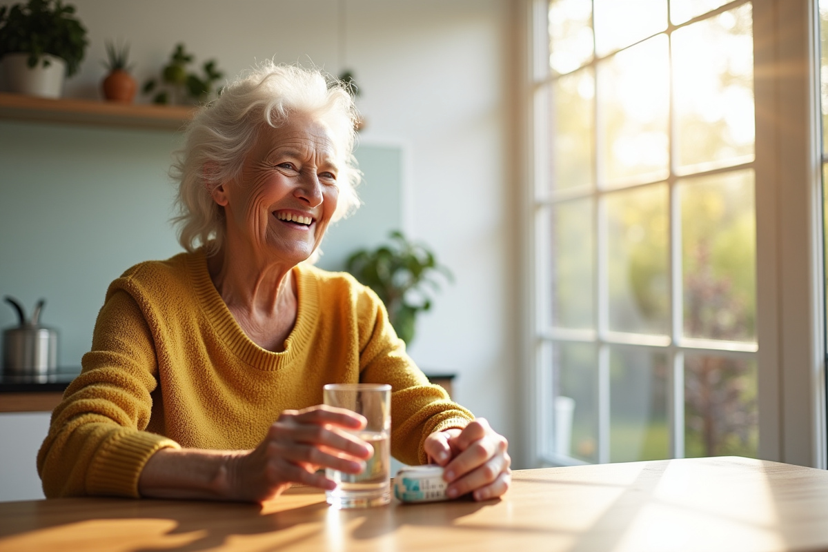Femme senior souriante dans la cuisine lumineuse avec médicaments