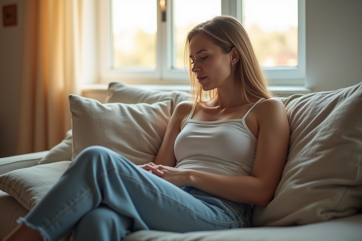 Jeune femme assise sur un canapé avec bras faible