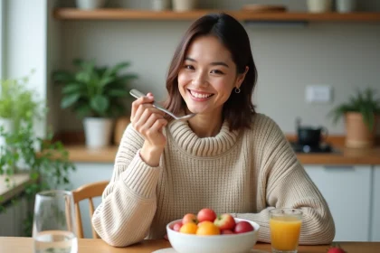 Femme souriante en petitdejeuner avec fruits et eau