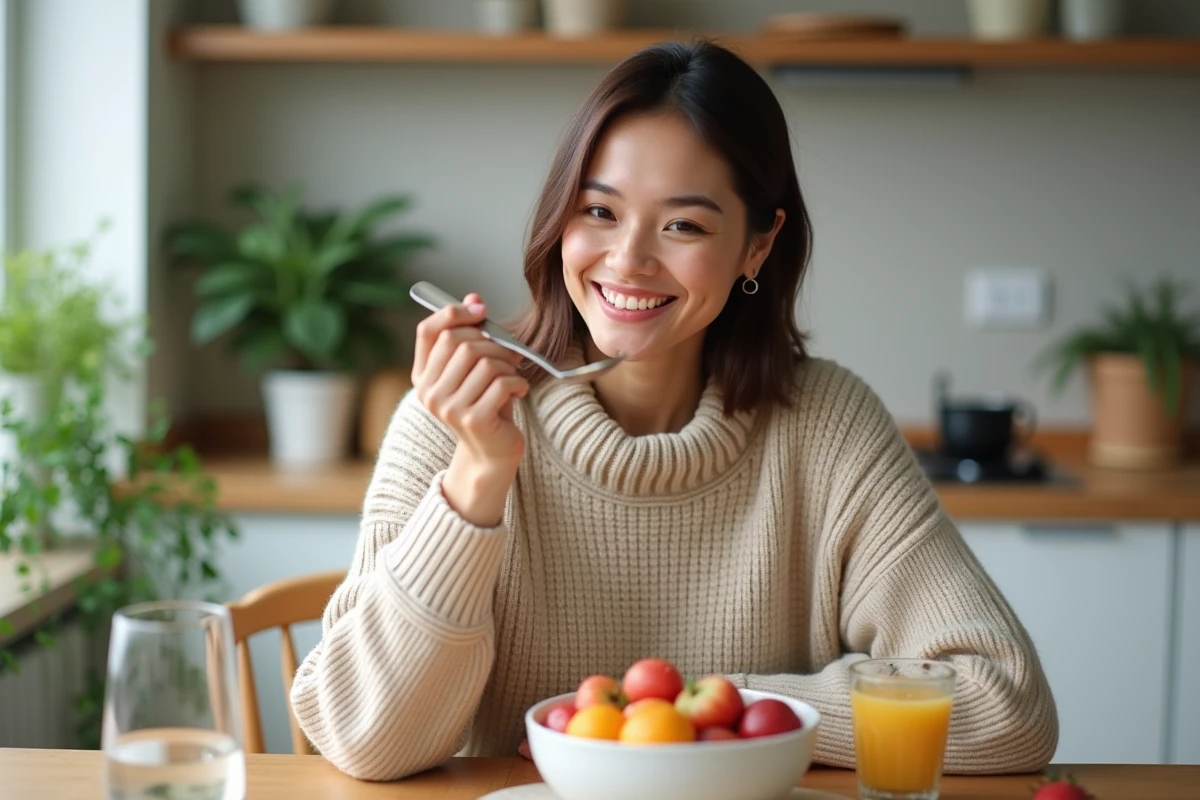 Femme souriante en petitdejeuner avec fruits et eau