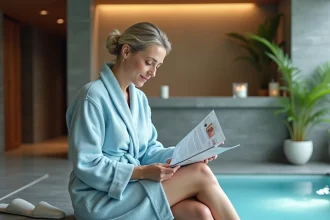 Femme détendue dans un spa moderne en robe bleue