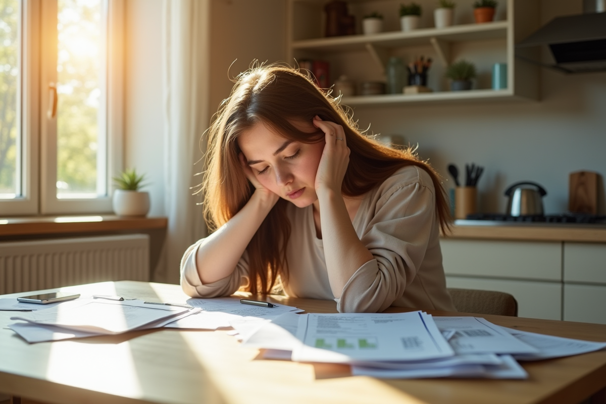 Jeune femme stressée avec papiers au matin dans la cuisine