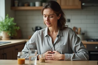 Femme tenant son abdomen avec des probiotiques sur la table, illustrant les symptômes du syndrome de l'intestin irritable