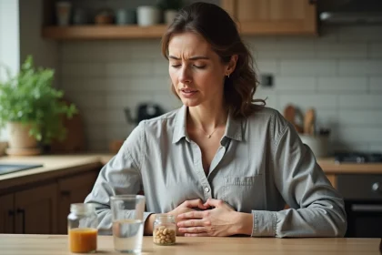 Femme tenant son abdomen avec des probiotiques sur la table, illustrant les symptômes du syndrome de l'intestin irritable