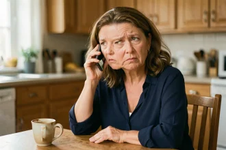 Femme d'une cinquantaine d'années au téléphone hésitante face à une offre commerciale Comme J'aime