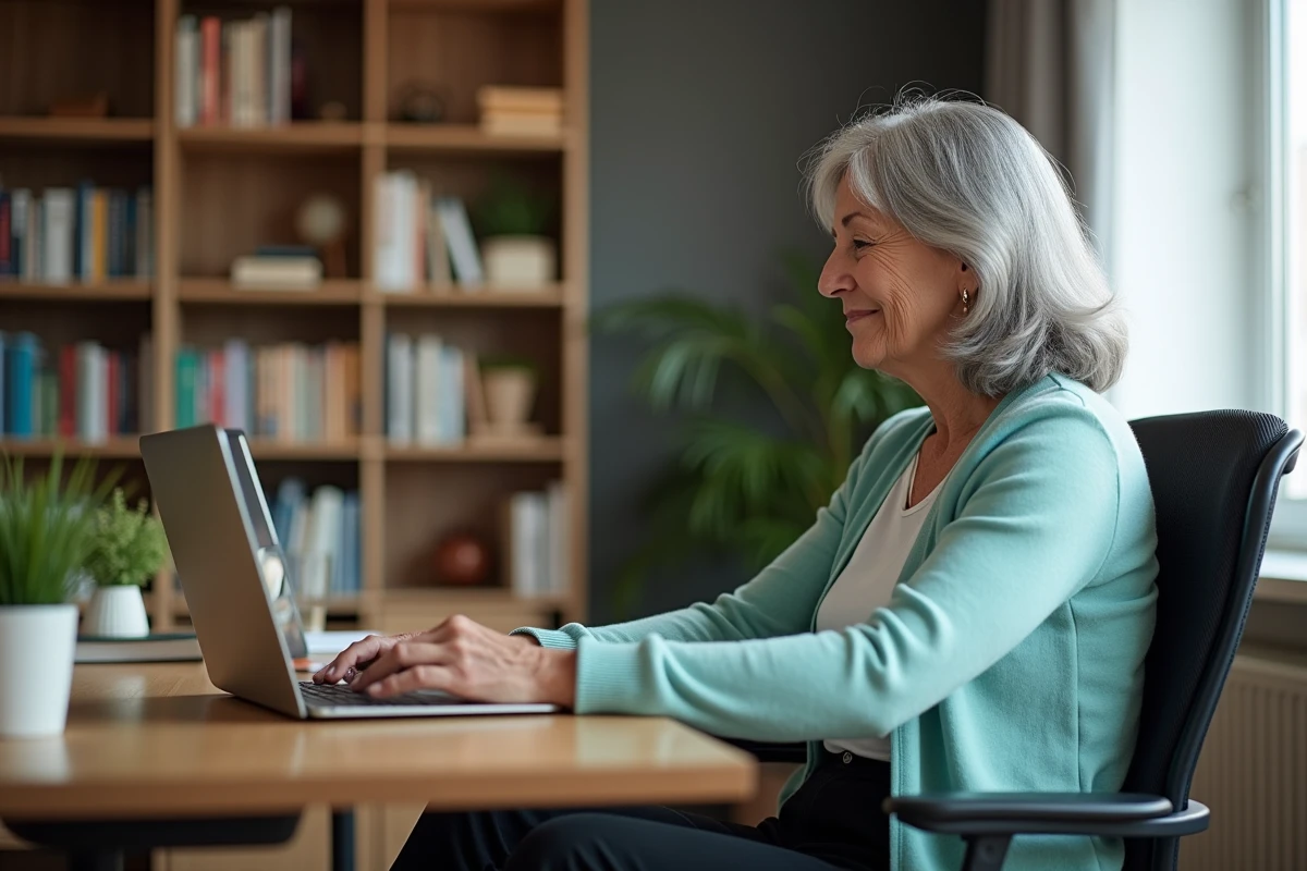 Femme en télétravail participant à une réunion vidéo depuis un bureau adapté à domicile, illustrant les conseils pratiques pour le travail avec le zonivizectrum