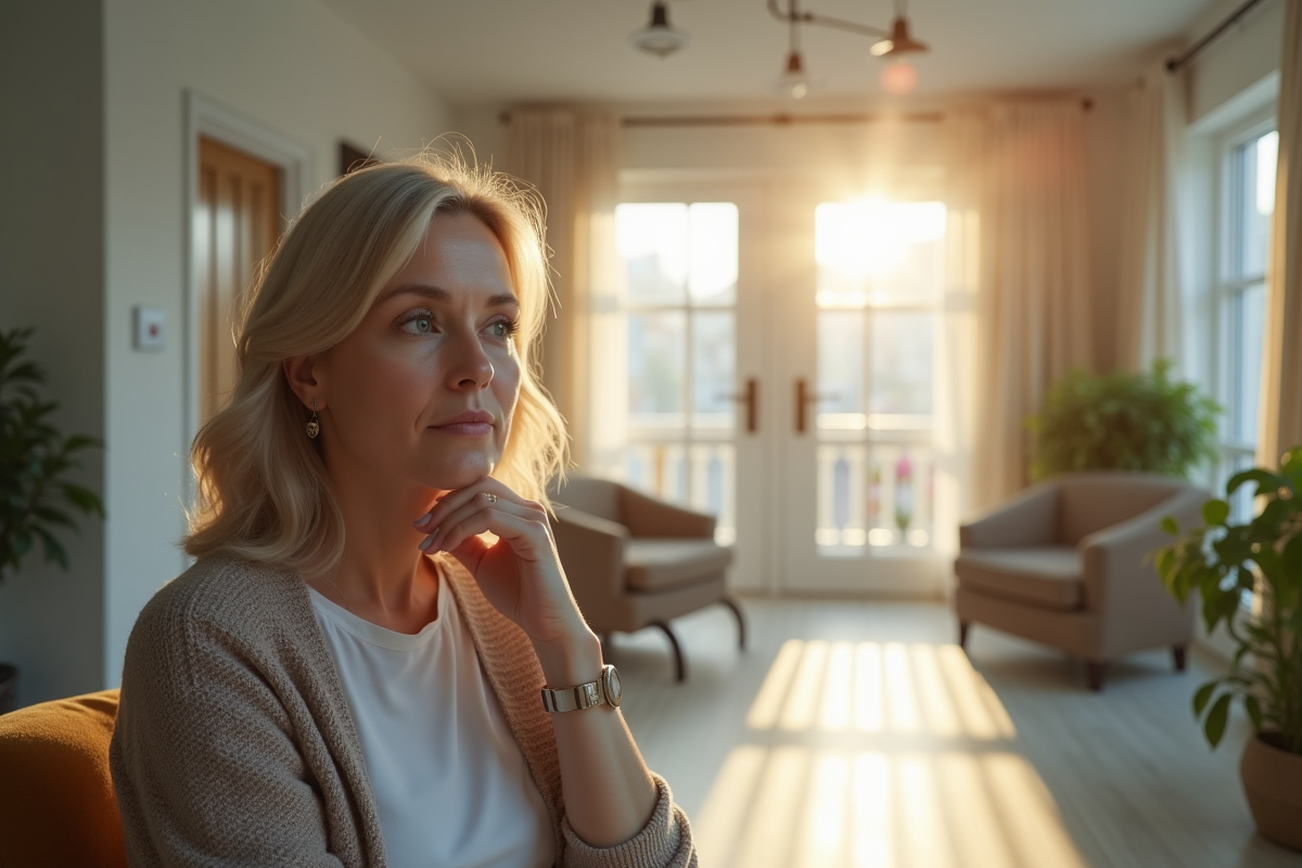 Femme réfléchie dans un cabinet de thérapie lumineux