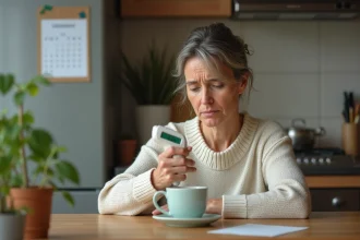 Femme d'âge moyen avec thermometre et tisane dans la cuisine