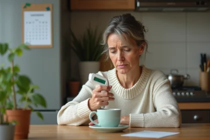 Femme d'&acirc;ge moyen avec thermometre et tisane dans la cuisine