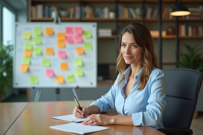 Femme d'âge moyen en tenue professionnelle écrivant dans un carnet