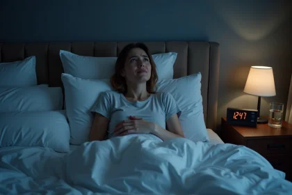 Femme allongée dans son lit la nuit tenant son abdomen, illustrant les troubles digestifs nocturnes et les pets nauséabonds
