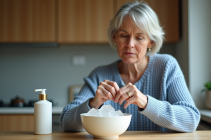 Femme d'âge moyen ajustant une bague en or dans une cuisine chaleureuse