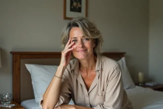 Femme en pyjama assise sur son lit tenant sa tempe, illustrant les vertiges liés à la maladie de Ménière