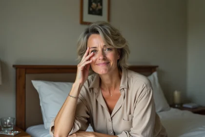 Femme en pyjama assise sur son lit tenant sa tempe, illustrant les vertiges liés à la maladie de Ménière