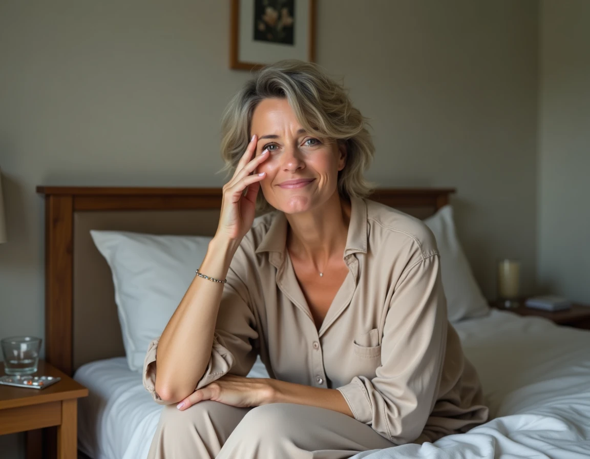 Femme en pyjama assise sur son lit tenant sa tempe, illustrant les vertiges liés à la maladie de Ménière