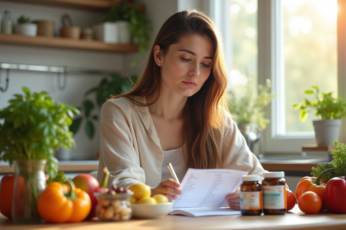 Femme préoccupée vérifiant sa checklist de vitamines et minéraux