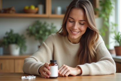 Femme souriante prenant ses vitamines dans une cuisine chaleureuse