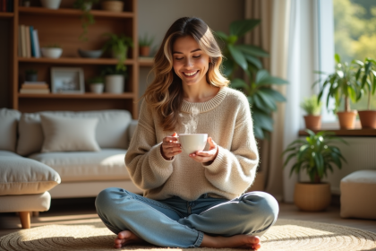 Femme sereine buvant une tisane dans un salon chaleureux