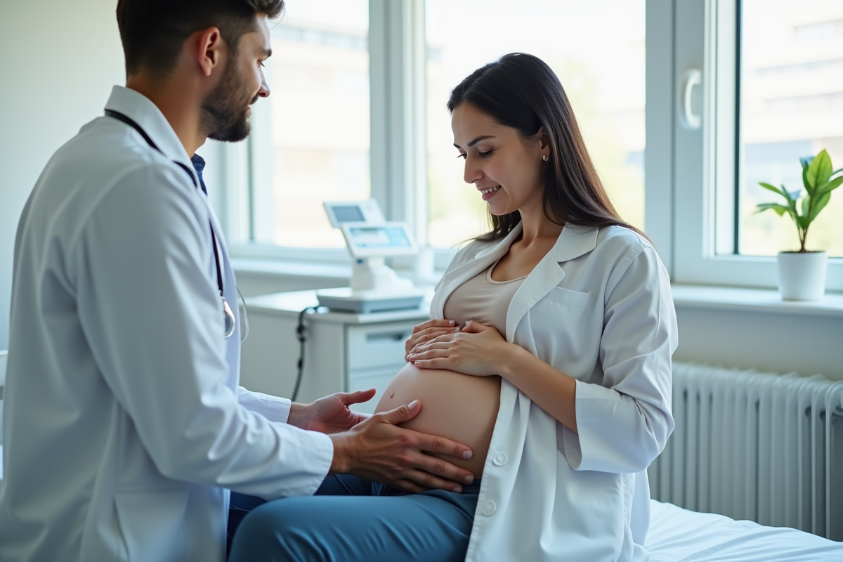 Femme enceinte sur une table de consultation dans une clinique lumineuse