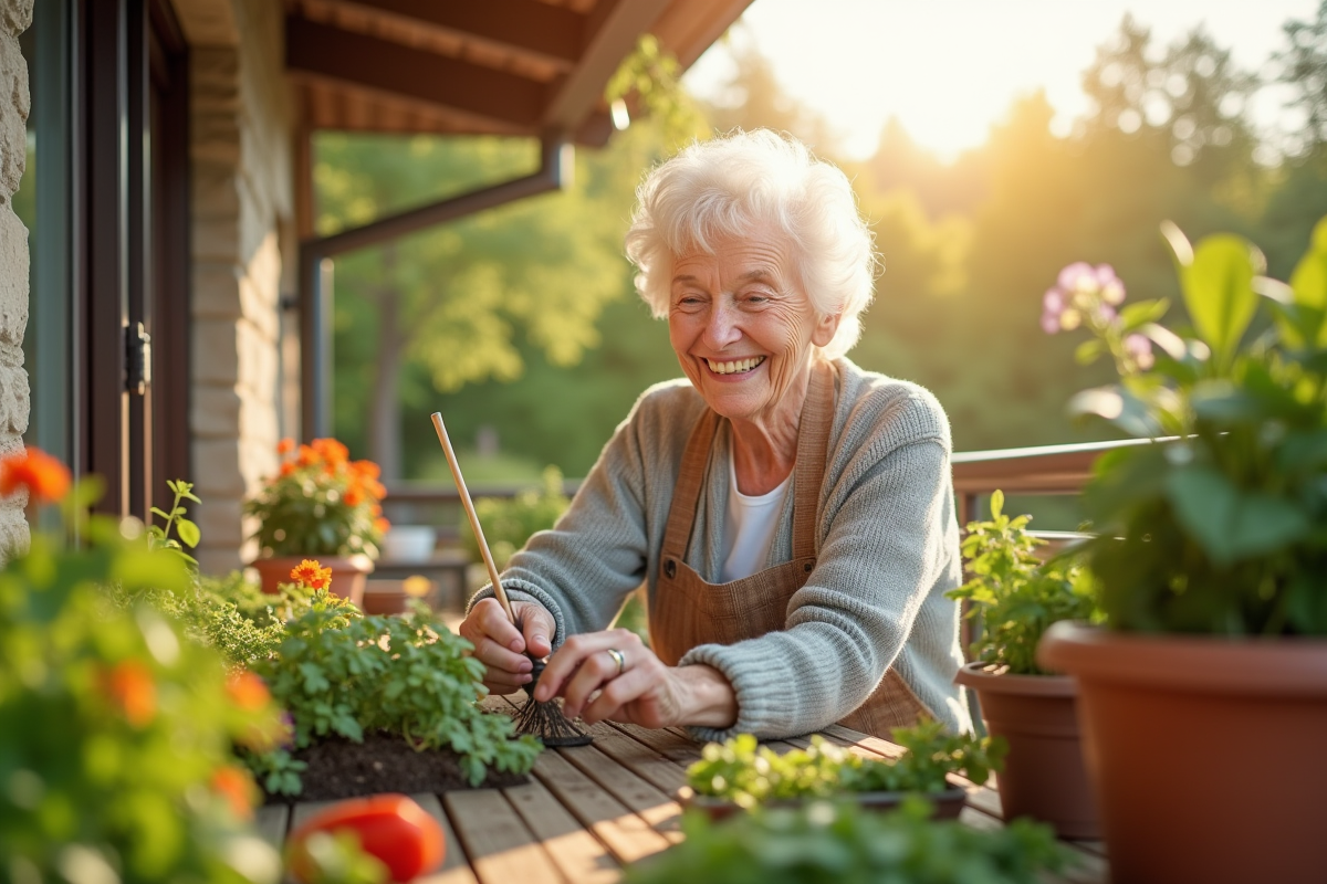 Femme agee souriante jardinant sur balcon ensoleille