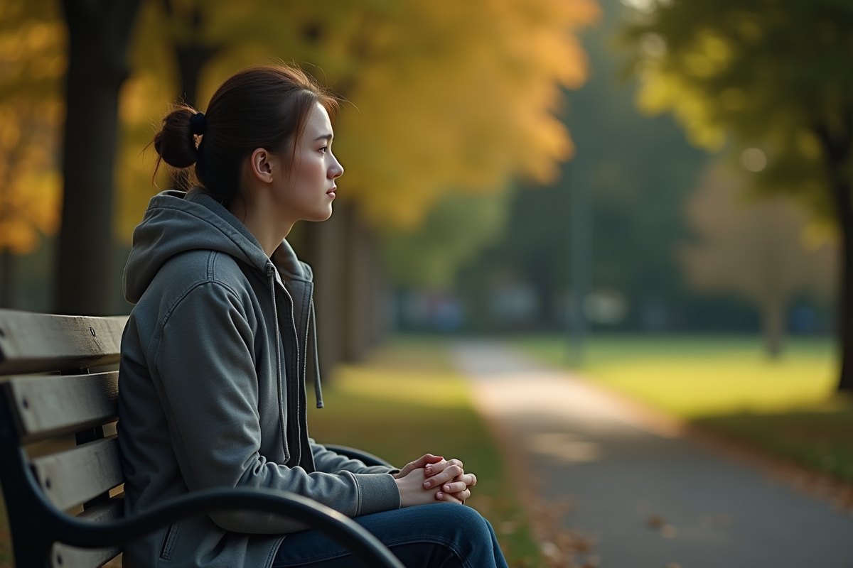 Jeune femme assise seule sur un banc dans un parc