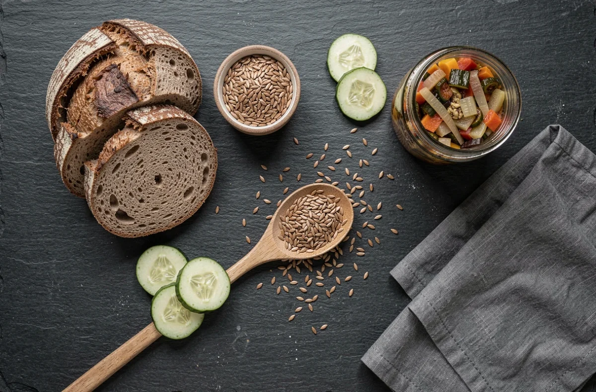 Vue aérienne d'un plat de pain de seigle coupé entouré de graines, légumes fermentés et grains de seigle sur une ardoise sombre, composition éditoriale sur les fibres et l'immunité