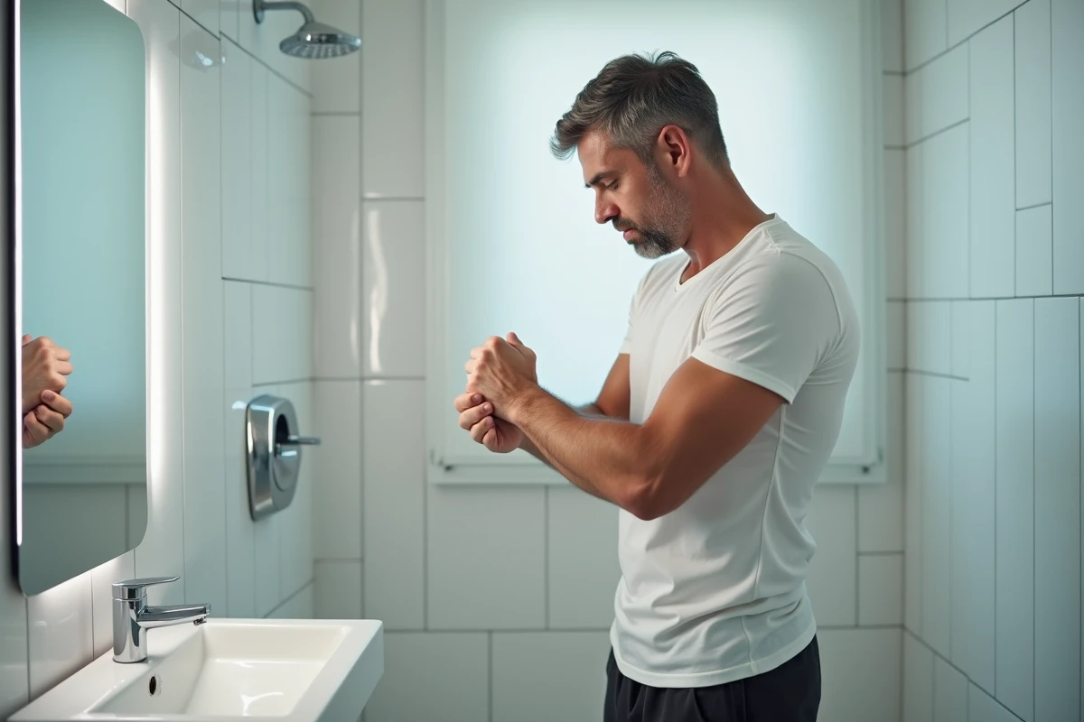 Homme en t-shirt blanc dans une salle de bain examinant son bras gauche dans le miroir après avoir ressenti des fourmillements