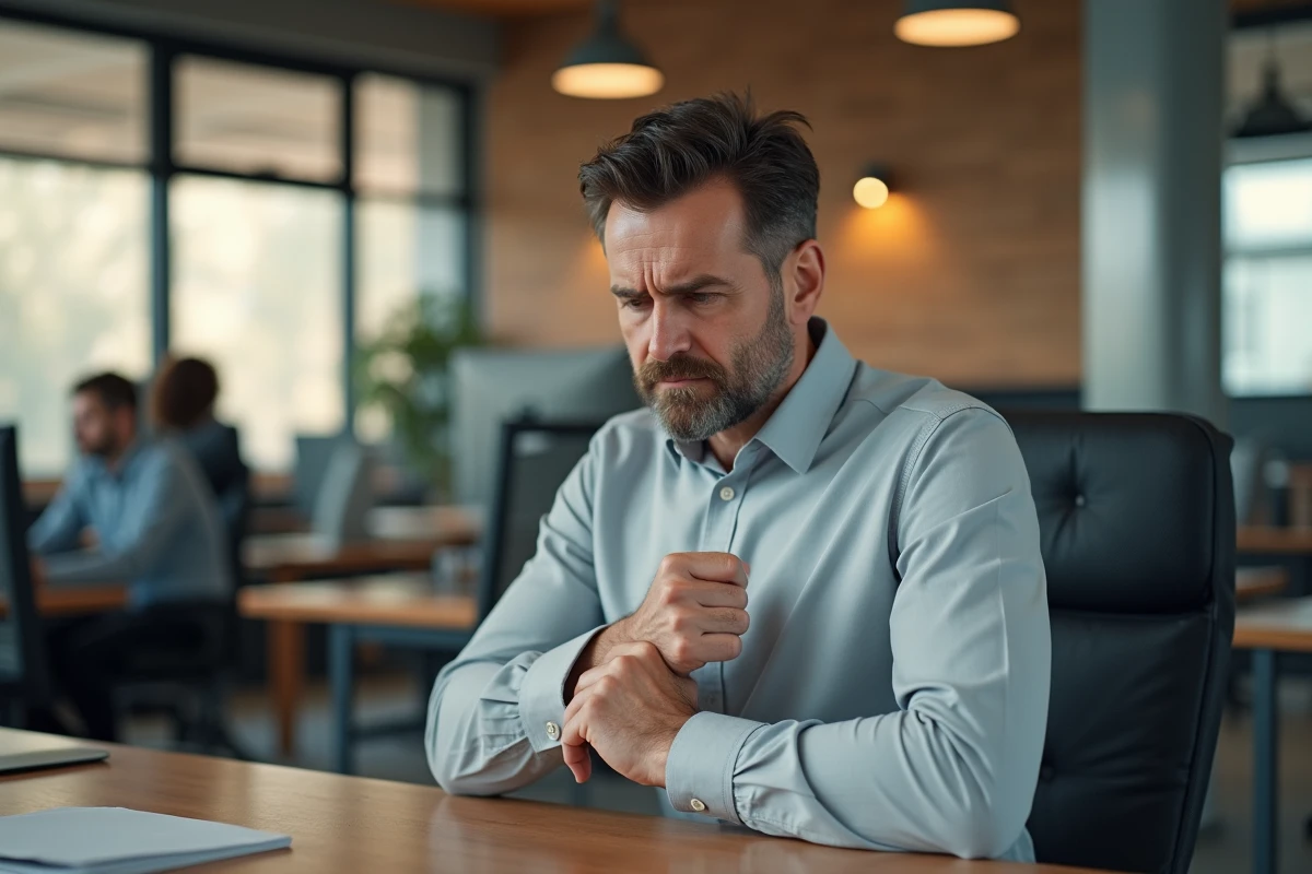 Homme en chemise grise au bureau ressentant des fourmillements dans le bras gauche, expression de préoccupation