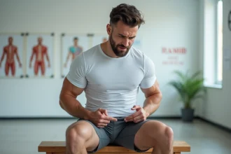 Athlète masculin assis sur un banc médical tenant sa zone inguinale avec une expression préoccupée, illustrant les douleurs aux ganglions après l'effort sportif