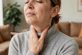 Femme tenant son cou près de la mâchoire en raison d'un ganglion douloureux sous la mâchoire